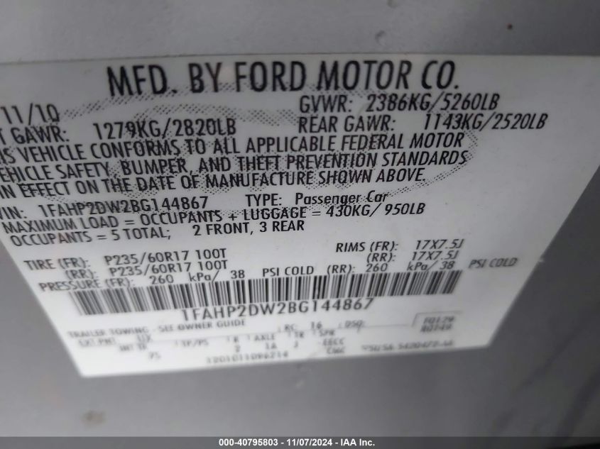 2011 Ford Taurus Se VIN: 1FAHP2DW2BG144867 Lot: 40795803