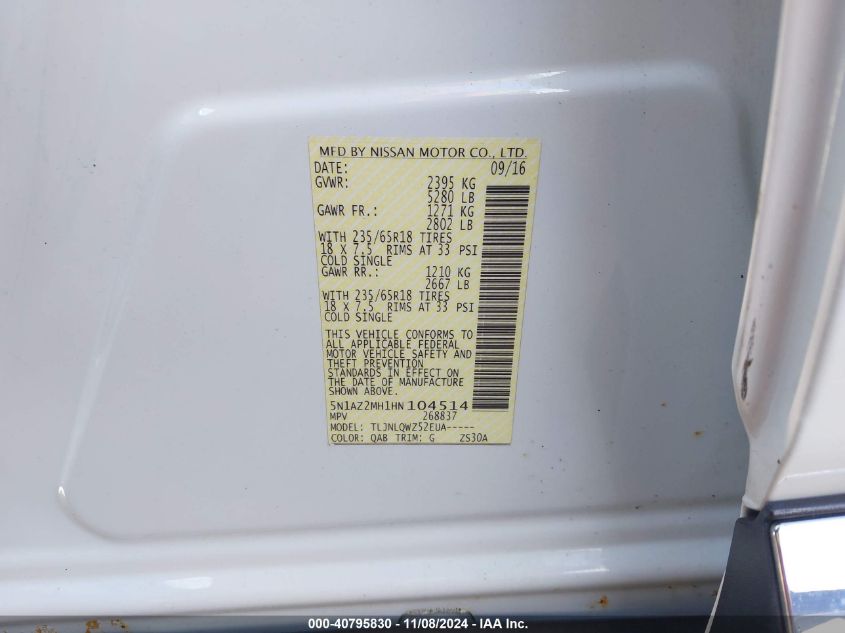 2017 NISSAN MURANO VIN: 5N1AZ2MH1HN104514