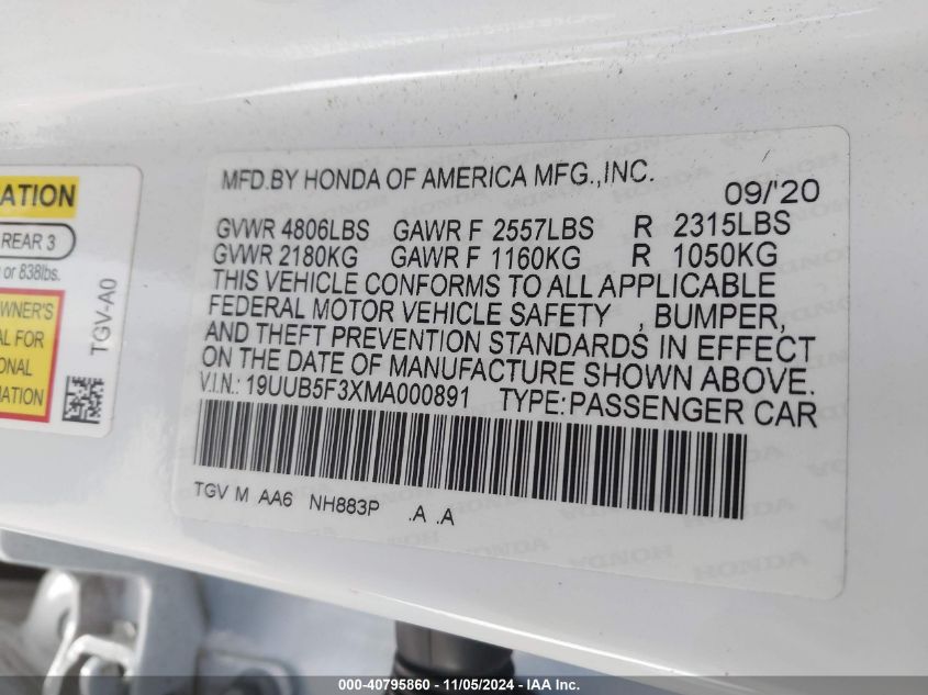 2021 ACURA TLX VIN: 19UUB5F3XMA000891