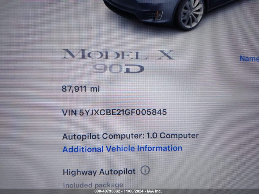 2016 Tesla Model X 60D/70D/75D/90D/P100D VIN: 5YJXCBE21GF005845 Lot: 40795882