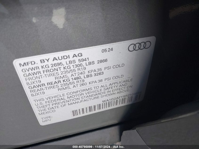 2024 Audi Q5 Premium 55 Tfsi E S Line Quattro S Tronic VIN: WA1G2AFY8R2103934 Lot: 40795899