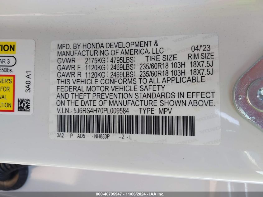 2023 Honda Cr-V Ex-L Awd VIN: 5J6RS4H70PL009584 Lot: 40795947