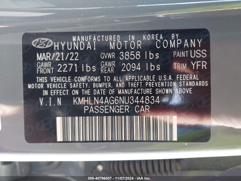 2022 Hyundai Elantra Sel VIN: KMHLN4AG6NU344834 Lot: 40796007