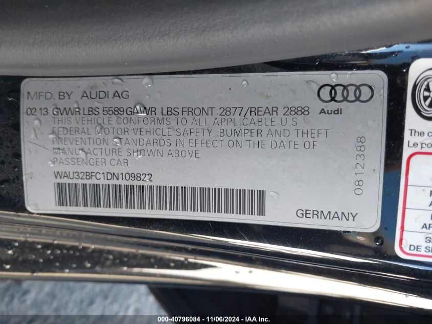 2013 Audi S7 4.0T Prestige VIN: WAU32BFC1DN109822 Lot: 40796084