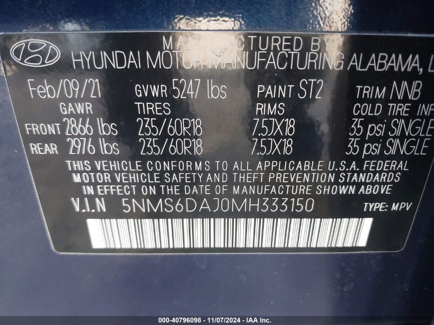 2021 Hyundai Santa Fe Sel VIN: 5NMS6DAJ0MH333150 Lot: 40796098