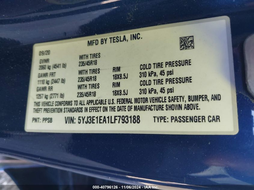 2020 Tesla Model 3 Standard Range Plus Rear-Wheel Drive/Standard Range Rear-Wheel Drive VIN: 5YJ3E1EA1LF793188 Lot: 40796126