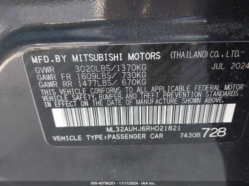 2024 Mitsubishi Mirage Es/Le VIN: ML32AUHJ6RH021821 Lot: 40796201