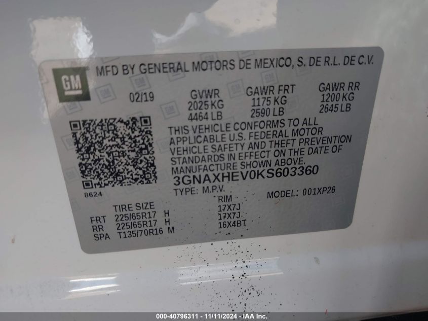 2019 Chevrolet Equinox Ls VIN: 3GNAXHEV0KS603360 Lot: 40796311