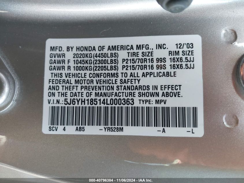 2004 Honda Element Ex VIN: 5J6YH18514L000363 Lot: 40796384