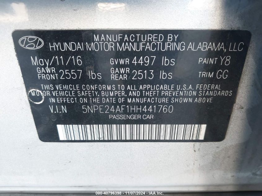 VIN 5NPE24AF1HH441760 2017 HYUNDAI SONATA