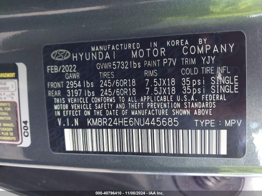 2022 Hyundai Palisade Sel VIN: KM8R24HE6NU445685 Lot: 40796410