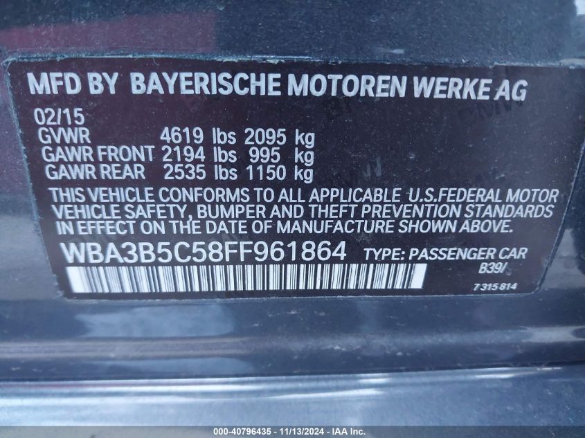 2015 BMW 328I xDrive VIN: WBA3B5C58FF961864 Lot: 40796435