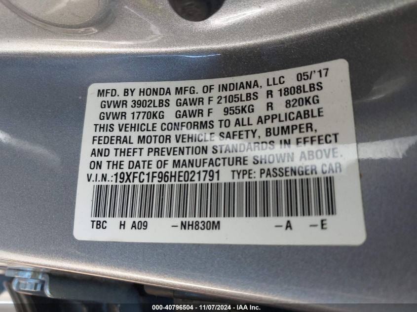 2017 Honda Civic Touring VIN: 19XFC1F96HE021791 Lot: 40796504