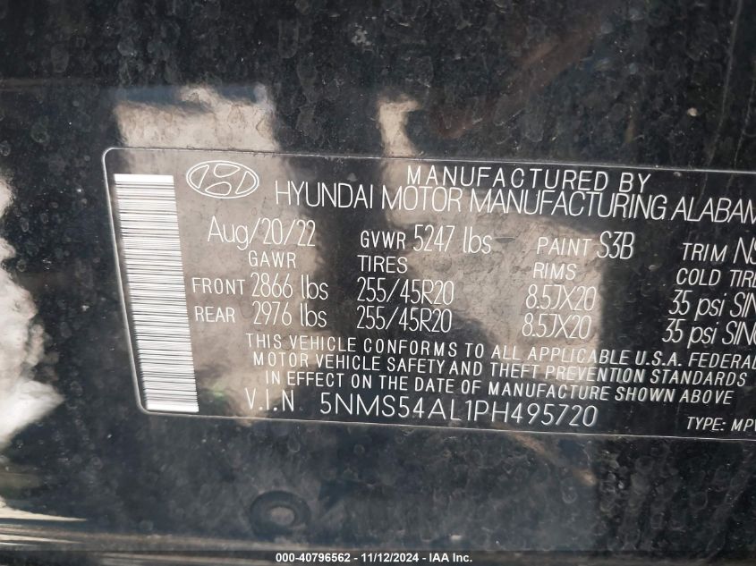 2023 Hyundai Santa Fe Calligraphy VIN: 5NMS54AL1PH495720 Lot: 40796562