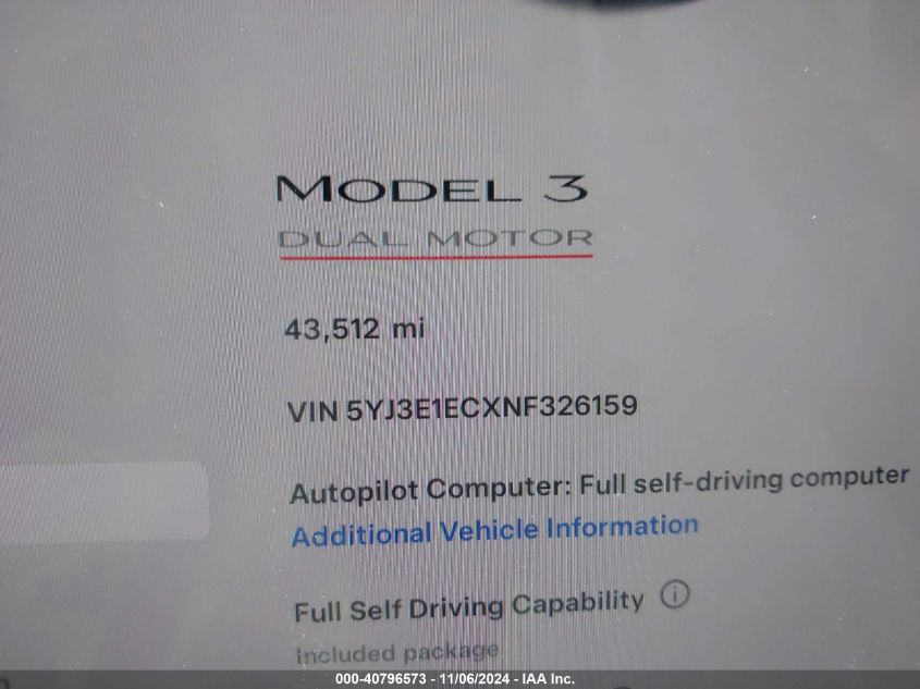 2022 Tesla Model 3 Performance Dual Motor All-Wheel Drive VIN: 5YJ3E1ECXNF326159 Lot: 40796573