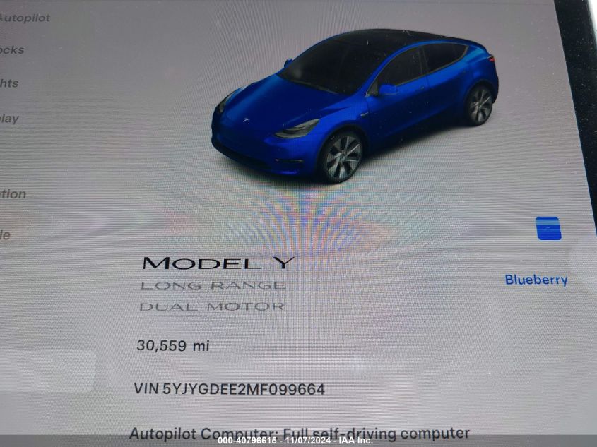 2021 Tesla Model Y Long Range Dual Motor All-Wheel Drive VIN: 5YJYGDEE2MF099664 Lot: 40796615