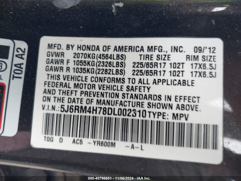 2013 HONDA CR-V VIN: 5J6RM4H78DL002310