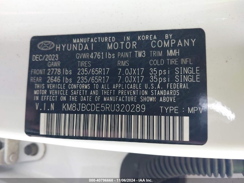 2024 Hyundai Tucson Sel VIN: KM8JBCDE5RU320289 Lot: 40796668