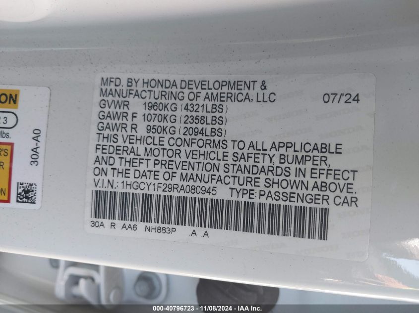 2024 Honda Accord Lx VIN: 1HGCY1F29RA080945 Lot: 40796723