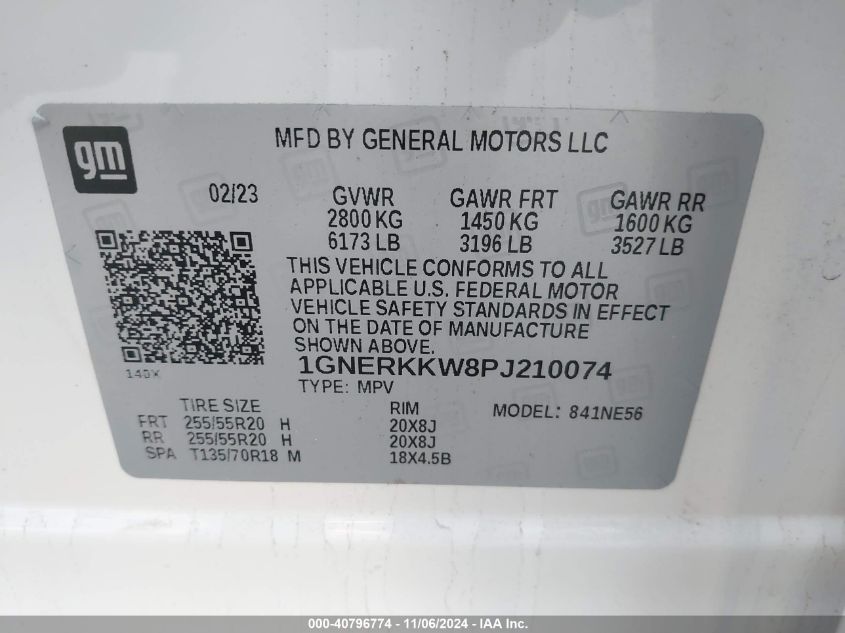 2023 Chevrolet Traverse Fwd Premier VIN: 1GNERKKW8PJ210074 Lot: 40796774