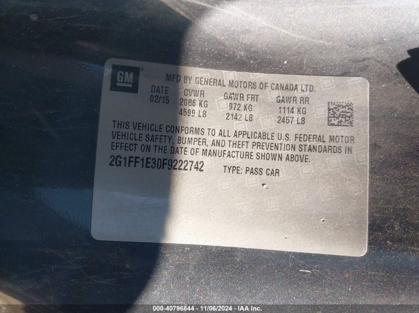 2015 CHEVROLET CAMARO VIN: 2G1FF1E30F9222742