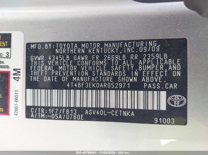 2010 Toyota Camry Le VIN: 4T4BF3EK0AR052971 Lot: 40796881