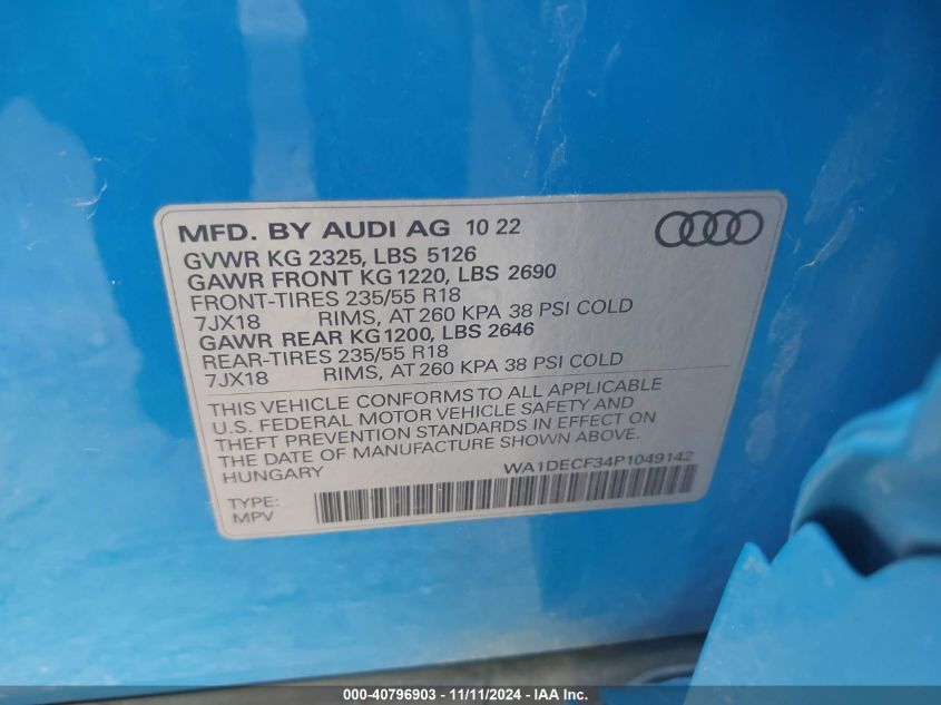 2023 Audi Q3 Premium 45 Tfsi S Line Quattro Tiptronic VIN: WA1DECF34P1049142 Lot: 40796903