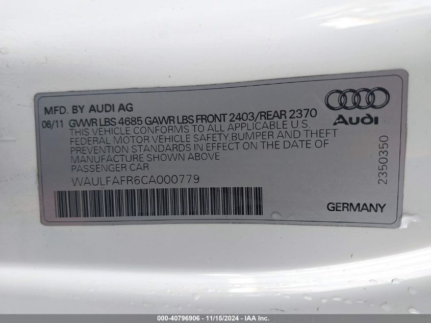 2012 Audi A5 2.0T Premium VIN: WAULFAFR6CA000779 Lot: 40796906