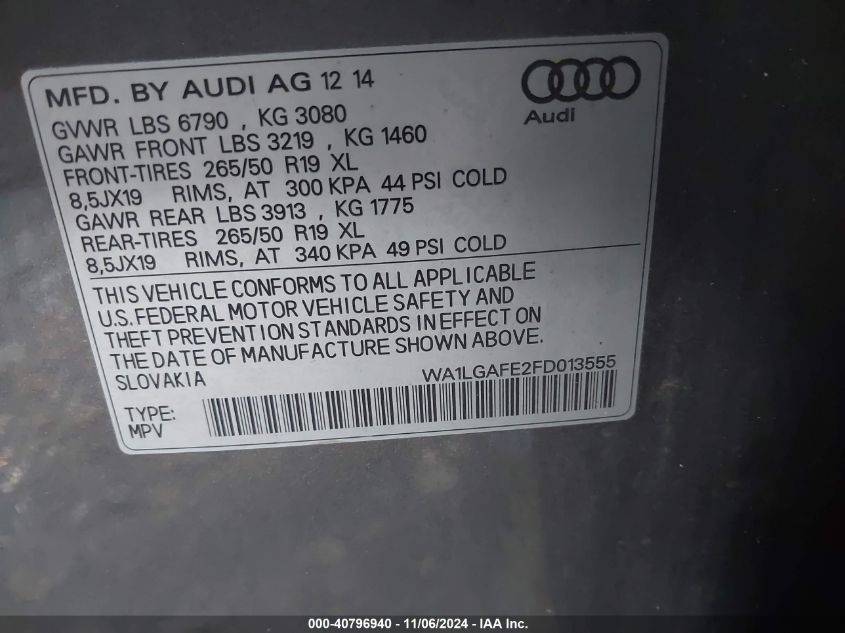 2015 Audi Q7 3.0T Premium VIN: WA1LGAFE2FD013555 Lot: 40796940