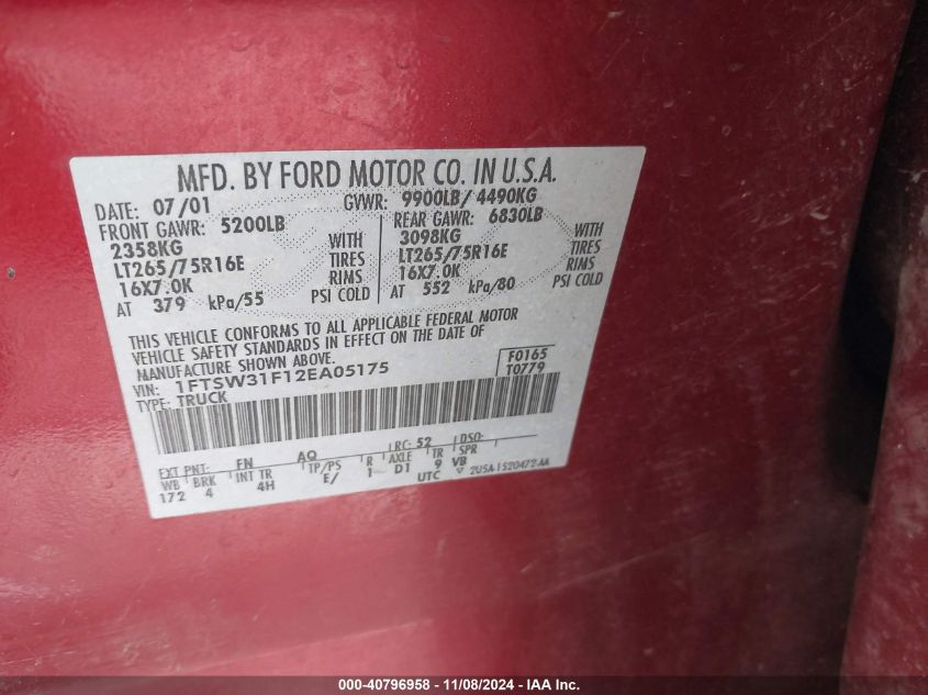 2002 Ford F-350 VIN: 1FTSW31F12EA05175 Lot: 40796958