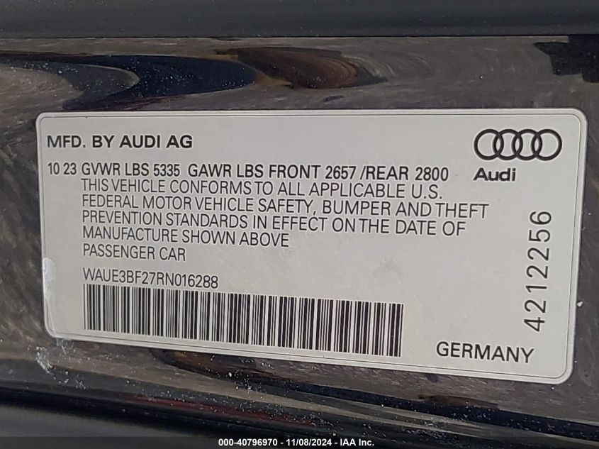 2024 Audi A6 Sedan Premium Plus 45 Tfsi Quattro S Tronic VIN: WAUE3BF27RN016288 Lot: 40796970