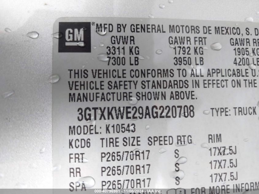 2010 GMC Sierra 1500 Slt VIN: 3GTXKWE29AG220708 Lot: 40796981