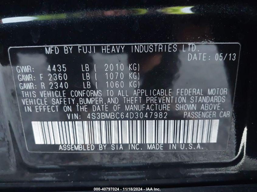 2013 Subaru Legacy 2.5I Premium VIN: 4S3BMBC64D3047982 Lot: 40797024