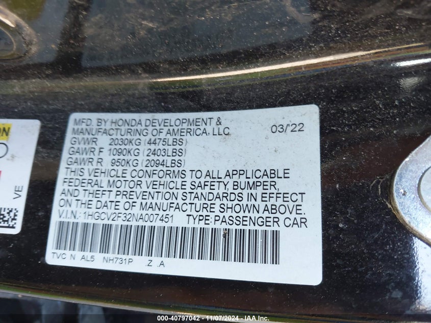VIN 1HGCV2F32NA007451 2022 HONDA ACCORD SPORT 2.0T