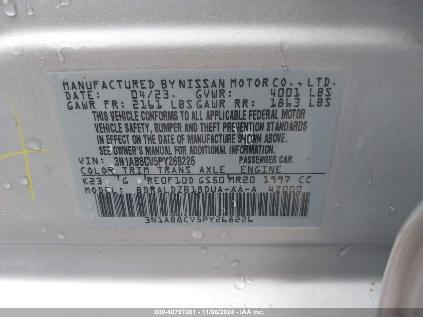 2023 Nissan Sentra Sv Xtronic Cvt VIN: 3N1AB8CV5PY268226 Lot: 40797061