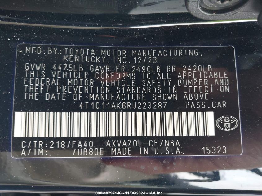 VIN 4T1C11AK6RU223287 2024 Toyota Camry, LE no.9