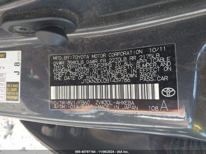 2011 Toyota Prius Three VIN: JTDKN3DU2B1439786 Lot: 40797164