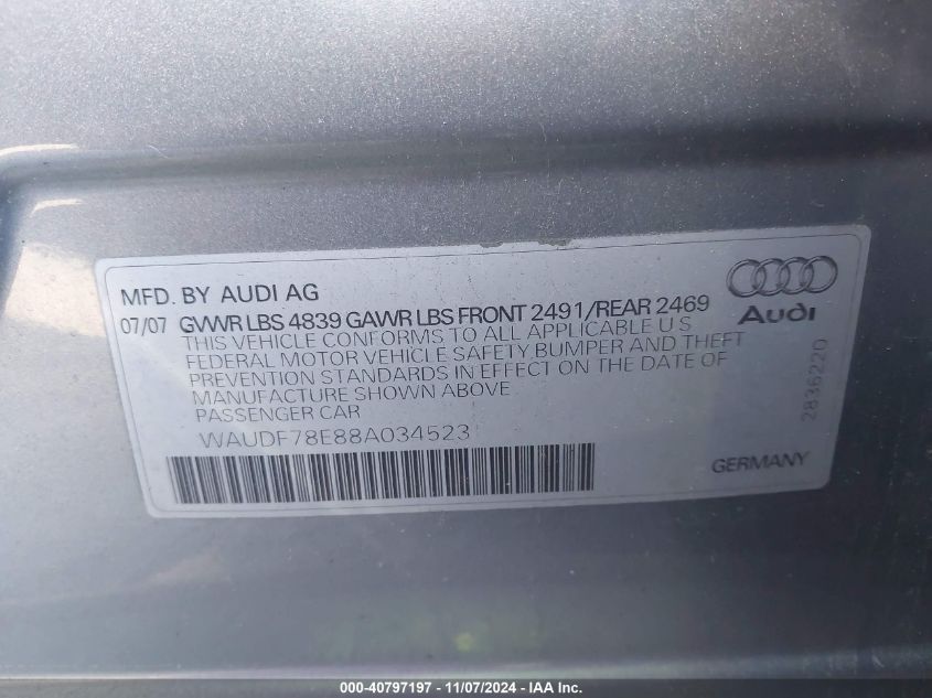 2008 Audi A4 2.0T VIN: WAUDF78E88A034523 Lot: 40797197