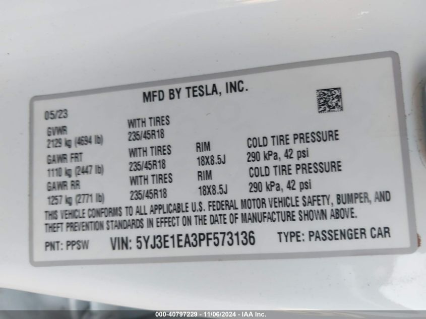 2023 Tesla Model 3 Rear-Wheel Drive VIN: 5YJ3E1EA3PF573136 Lot: 40797229