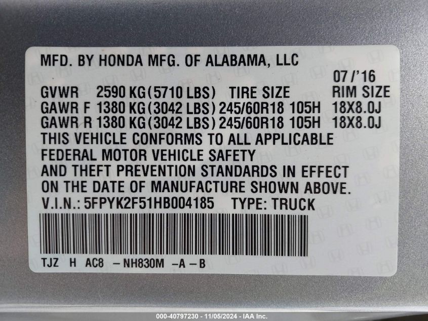 2017 Honda Ridgeline Rtl VIN: 5FPYK2F51HB004185 Lot: 40797230