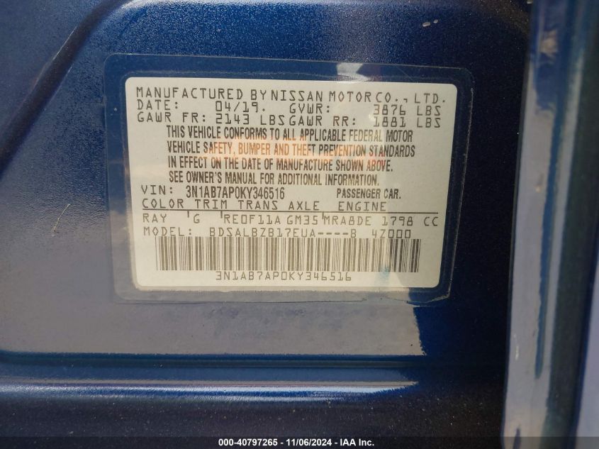 Image 9 of 2019 Nissan Sentra  salvage vehicle - Lot #40797265 at IAAI