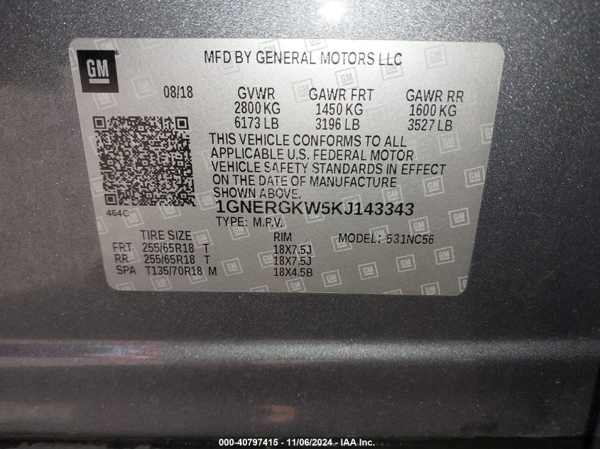 2019 CHEVROLET TRAVERSE VIN: 1GNERGKW5KJ143343