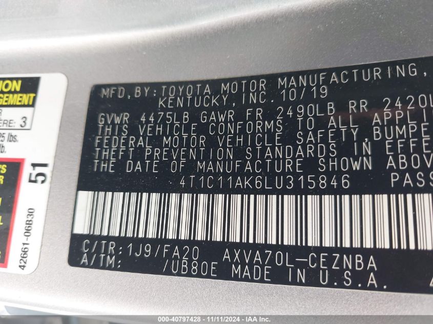 2020 TOYOTA CAMRY VIN: 4T1C11AK6LU315846