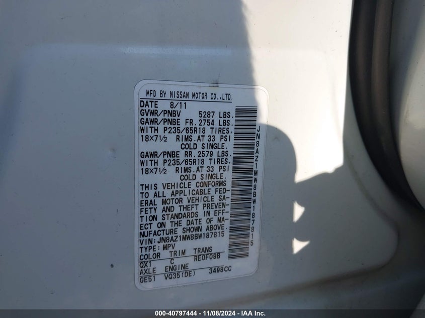 2011 Nissan Murano Sv VIN: JN8AZ1MW8BW187815 Lot: 40797444
