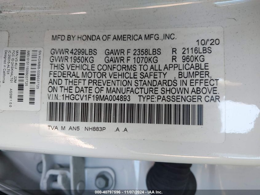 2021 Honda Accord Lx VIN: 1HGCV1F19MA004893 Lot: 40797596