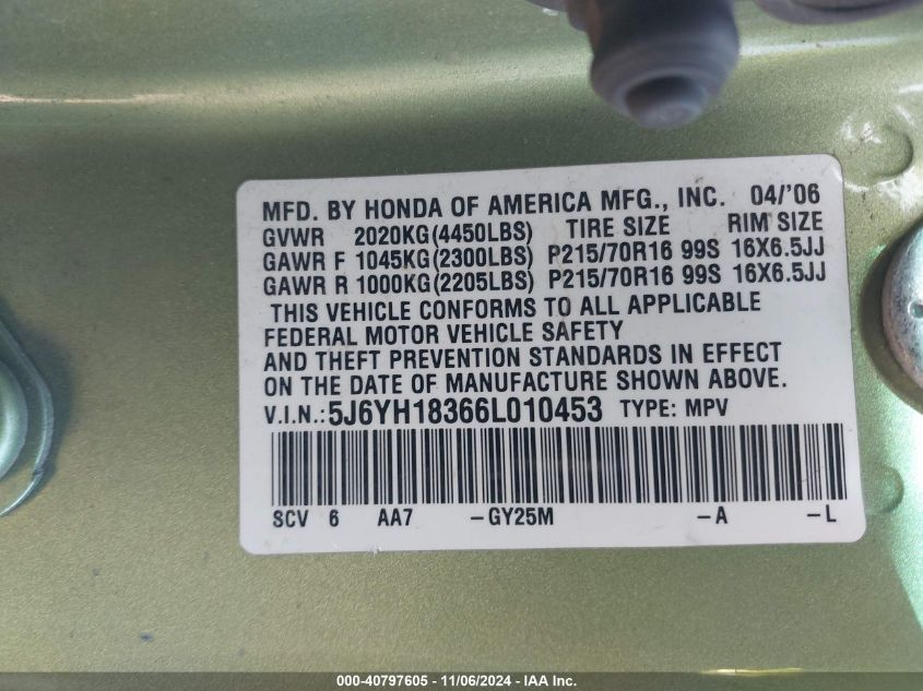 2006 Honda Element Lx VIN: 5J6YH18366L010453 Lot: 40797605