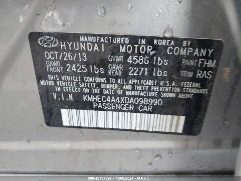 2013 Hyundai Sonata Hybrid Limited VIN: KMHEC4A4XDA098990 Lot: 40797697