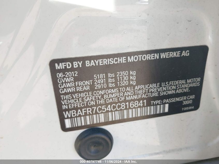 2012 BMW 5 Series 535I VIN: WBAFR7C54CC816841 Lot: 40797746