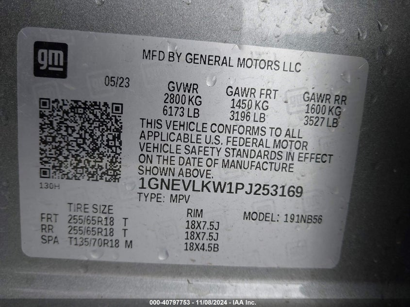 2023 Chevrolet Traverse Awd 1Fl VIN: 1GNEVLKW1PJ253169 Lot: 40797753