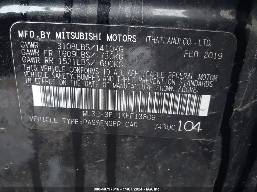 2019 Mitsubishi Mirage G4 Es/Rf VIN: ML32F3FJ1KHF13809 Lot: 40797816